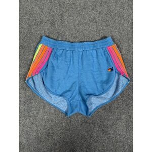 Aviator Nation Rainbow Stripe Sweat Shorts Womens Medium Blue Fleece 2" EUC